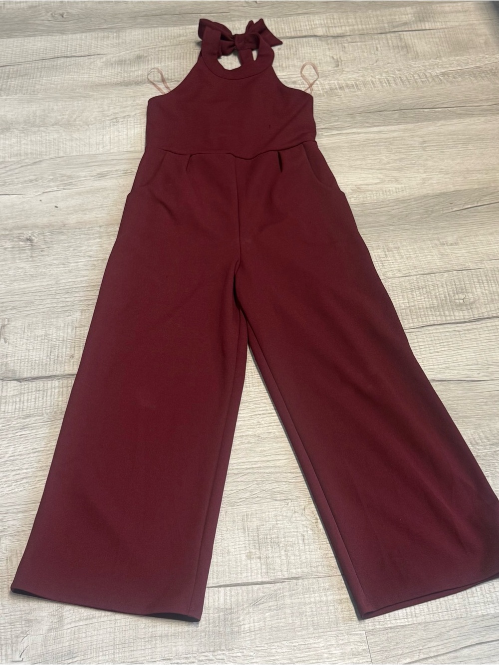 Emerald Sundae Girls' Burgundy Halter Jumpsuit with Bow